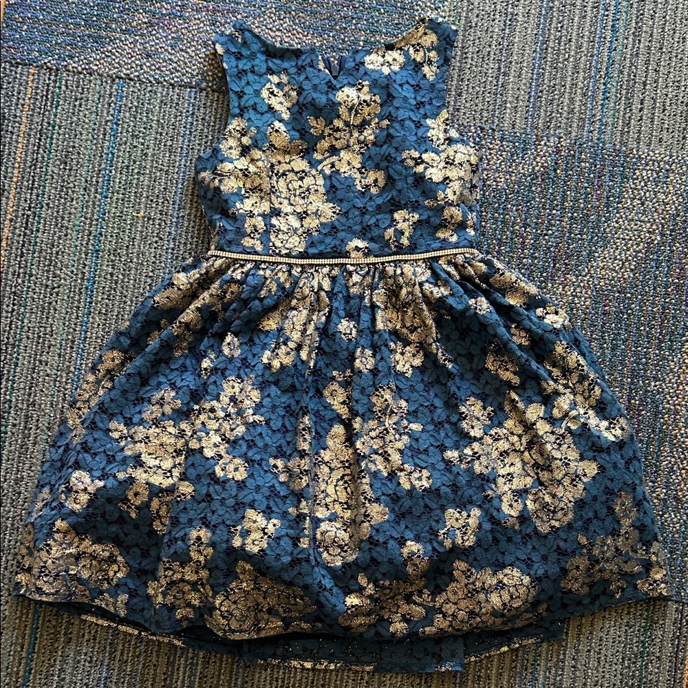Badgley Mischka Kids Formal Lace Dress in Blue and Gold